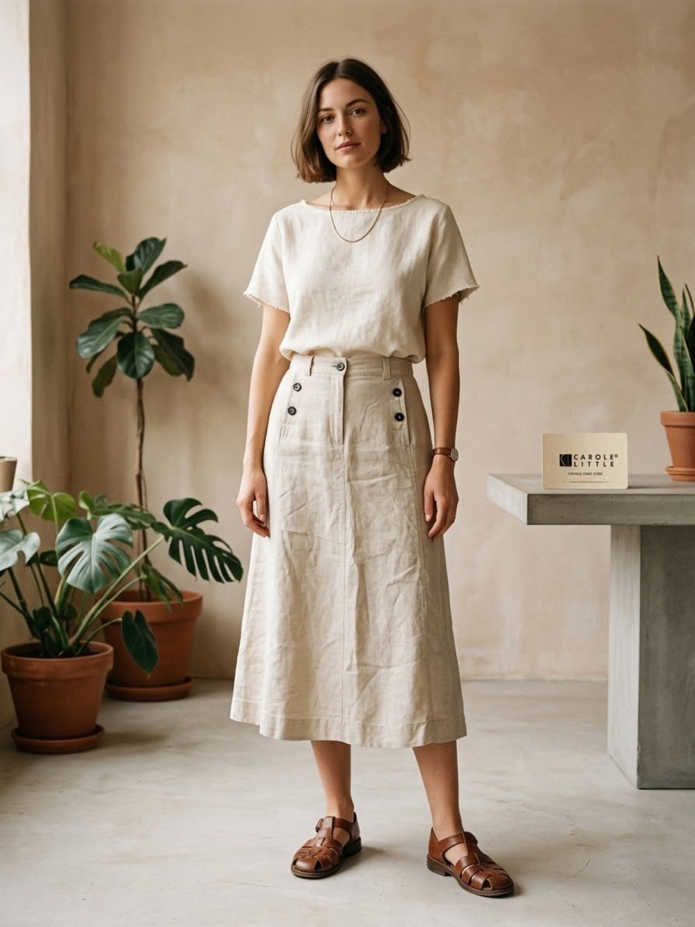Vintage 90s Carole Little Linen Maxi Skirt Sailor Button A-Line Natural Sz 16